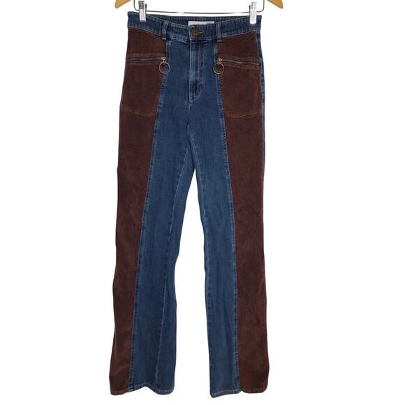 See by Chloe Denim Corduroy Bootcut Jeans 70s Flare Hem Colorblock Blue Brown 28 - Picture 5 of 15